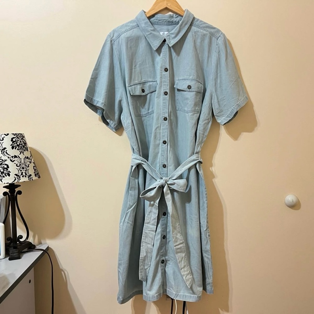 Denim&Co Blue Button Front Short Sleeve Dress w/ Belt